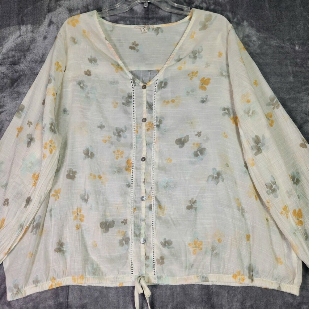 Como Blu Womens Button Up Top 2X‎ Pale Yellow Floral Tie Waist Cottage Peasant